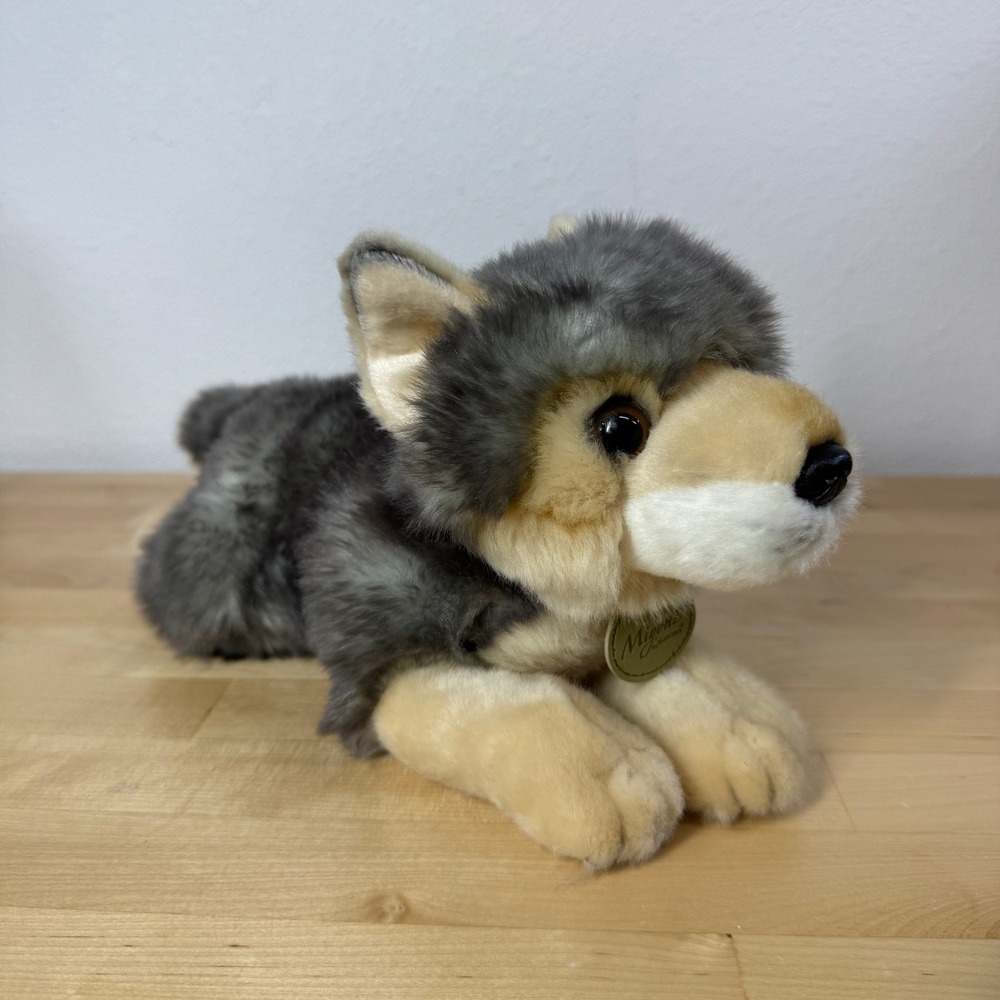 Miyoni by Aurora Wolf Plush Realistic lying down Stuffed Animal Grey Tan 10"
